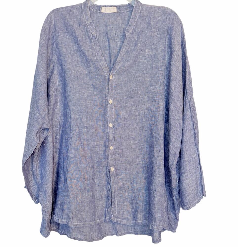 CP Shades Oversized Button Down Mandarin Collar Chambray Blue 100% Linen Top